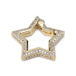 Brass Micro Pave Clear Cubic Zirconia Spring Gate Rings, Long-Lasting Plated, Star, Real 18K Gold Plated, 22x23.5x3.5mm(ZIRC-F120-004G)