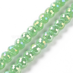 Electroplate Opaque Solid Color Glass Beads Strands, AB Color Plated, Faceted(96 Facets), Round, Light Green, 5~6mm, Hole: 1~1.2mm, about 95pcs/strand, 20.87''(53cm)(X-GLAA-E036-10C)