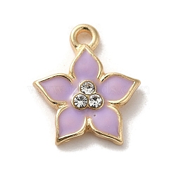 Flower Alloy Enamel Pendants, with Rhinestone, Light Gold, Lilac, 13.5x12.5x2.5mm, Hole: 1.4mm(ENAM-A007-05KCG-03)