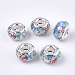 Resin European Beads, Large Hole Beads, with Platinum Tone Brass Double Cores, Christmas Theme, Rondelle, Sky Blue, 13x8mm, Hole: 5mm(RPDL-T002-01A)