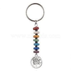 Tree of Life Tibetan Style Alloy Pendant Keychain, with 7 Chakra Natural Lava Rock and Iron Split Key Rings, 88mm, Pendants: 60x17mm(KEYC-JKC00682)