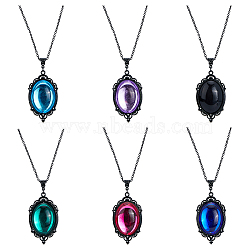 FIBLOOM 6Pcs 6 Colors Glass Oval Pendant Necklaces Set with Black Alloy Chains, Mixed Color, 21.06 inch(53.5cm), 1pc/style(NJEW-FI0001-46)