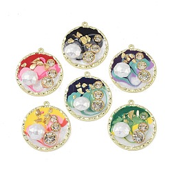 Rack Plating Alloy Enamel Pendants, with Resin, ABS Imitation Pearl Beads, Rhinestone and Glass Beads, Cadmium Free & Nickel Free & Lead Free, Flat Round, Mixed Color, 36x33.5x7mm, Hole: 1.8mm(FIND-I038-14)