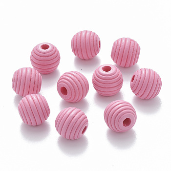 Painted Natural Wood Beehive Beads, Round, Hot Pink, 12x11mm, Hole: 3.5mm