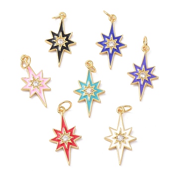 Brass Micro Pave Cubic Zirconia Pendant, Long-Lasting Plated, with Enamel, Real 18K Gold Plated, Star, Mixed Color, 21.5x11x1.5mm, Hole: 3.6mm