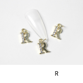 Alloy Rhinestone Cabochons, Nail Art Decoration Accessories, with Jump Ring, Letter, Golden, Letter.R, 11~14x5~12mm