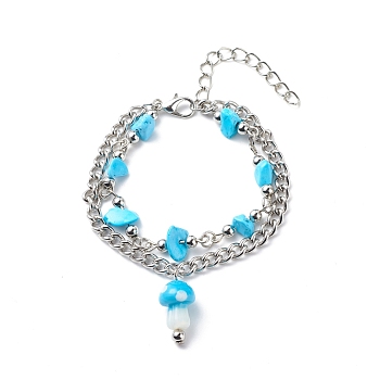 Synthetic Turquoise(Dyed) Chips Beaded Double Line Multi-strand Bracelet, Gemstone Bracelet with Lampwork Mushroom Charm for Women, Platinum, 6-3/8 inch(16.3cm)