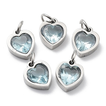 304 Stainless Steel Pendants, with Cubic Zirconia and Jump Rings, Single Stone Charms, Heart, Stainless Steel Color, Light Sky Blue, 9x8x3mm, Hole: 3.6mm