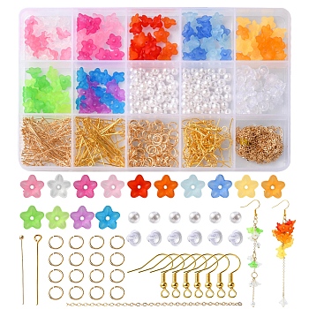 DIY DIY Flower Dangle Earrings Making Kit, Including Acrylic & Plastic Pearl Beads, Iron Earring Hooks, Brass Cable Chains, Mixed Color