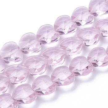 Transparent Glass Beads, Faceted, Heart, Pearl Pink, 14x14x8.5mm, Hole: 1mm