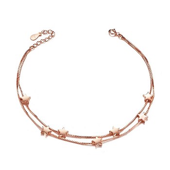 SHEGRACE 925 Sterling Silver Anklet, with Double Layered Chains and Stars, Rose Gold, 8-1/4 inch(210mm)