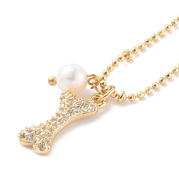 Brass Micro Pave Clear Cubic Zirconia Bone Pendant Necklaces, with Ball Chains and Natural Pearl Beads, Real 18K Gold Plated, 15.94 inch(40.5cm)