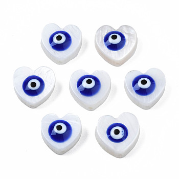 Natural Freshwater Shell Beads, with Enamel, Heart with Evil Eye, Medium Blue, 9~10x9.5~11x4mm, Hole: 0.8mm
