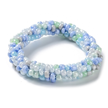 Crochet Glass Beads Braided Stretch Bracelet, Nepel Boho Style Bracelet, Sky Blue, Inner Diameter: 1-3/4 inch(4.5cm)