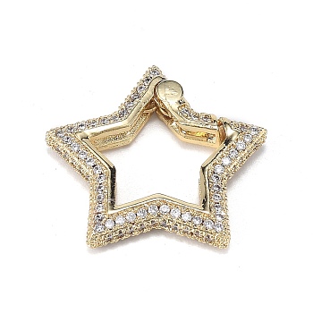 Brass Micro Pave Clear Cubic Zirconia Spring Gate Rings, Long-Lasting Plated, Star, Real 18K Gold Plated, 22x23.5x3.5mm