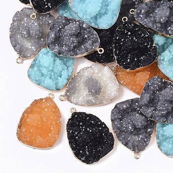 Druzy Resin Pendants, with Edge Light Gold Plated Iron Loops, Teardrop, Mixed Color, 39~40x28x12~13mm, Hole: 1.8mm