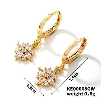 Fashionable Copper Inlaid Zircon Hoop Earrings, Elegant and Versatile Ear Accessories, Golden, Rhombus, 24x9mm