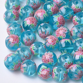 Printed & Spray Painted Transparent Glass Beads, Round with Flower Pattern, Light Sky Blue, 8~8.5x7.5mm, Hole: 1.4mm