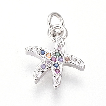 Brass Micro Pave Cubic Zirconia Charms, with Jump Rings, Starfish/Sea Stars Shape, Colorful, Platinum, 12x10x1.5mm, Hole: 2.5mm