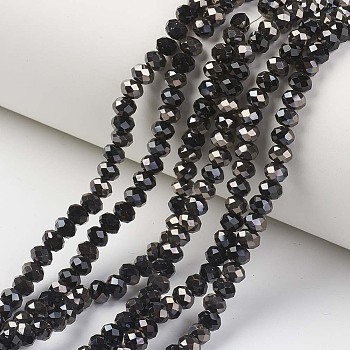 Electroplate Opaque Glass Beads Strands, Half Black Plated, Faceted, Rondelle, Black, 6x5mm, Hole: 1mm, about 85~88pcs/strand, 16.1~16.5 inch(41~42cm)