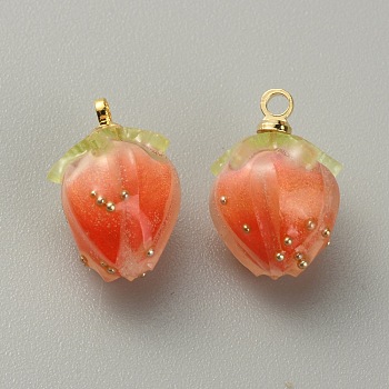 Opaque Acrylic Charms, with Golden Plated Brass Finding, Strawberry, Tomato, 14x10x9.5mm, Hole: 1.5mm