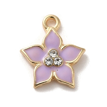 Flower Alloy Enamel Pendants, with Rhinestone, Light Gold, Lilac, 13.5x12.5x2.5mm, Hole: 1.4mm