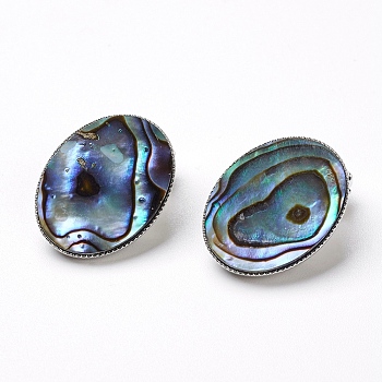 Natural Abalone Shell/Paua ShellOval Clip-on Earrings, with Brass Findings, Platinum, Colorful, 21x16x11mm