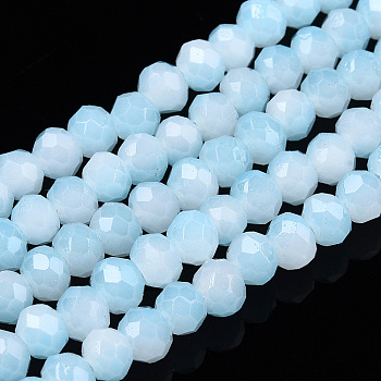 Two-Tone Imitation Jade Glass Beads Strands, Faceted, Rondelle, Sky Blue, 4.5x3.5mm, Hole: 1mm, about 122~135pcs/strand, 16.73 inch~17.32 inch(42.5~44cm)