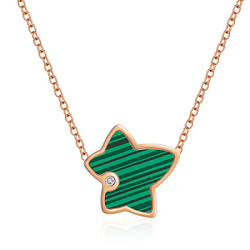 Natural Malachite Twist Star Pendant Necklace with Rhinestone, with Stainless Steel Chains, Rose Gold, 17.72 inch(45cm)