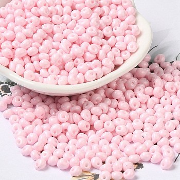 6/0 Opaque Baking Paint Glass Seed Beads, Teardrop, Pink, 4.5~5x4x3~3.5mm, Hole: 0.9mm, about 5625Pcs/Pound