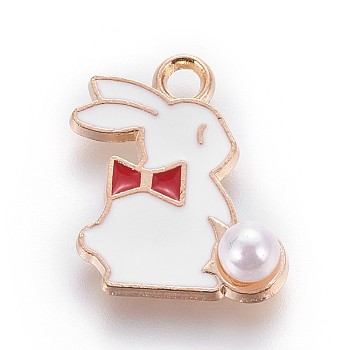 Zinc Alloy Bunny Pendants, with Enamel and ABS Plastic Imitation Pearl, Rabbit, Light Gold, Red, 16.5x13.5x1mm, Hole: 1.5mm