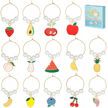 Alloy Enamel Wine Glass Charms, with Brass Hoop Earring Findings and Glass Pearl Bead, Mixed Shapes Fruit, Mixed Color, 48~55mm, 14pcs/set