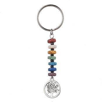 Tree of Life Tibetan Style Alloy Pendant Keychain, with 7 Chakra Natural Lava Rock and Iron Split Key Rings, 88mm, Pendants: 60x17mm
