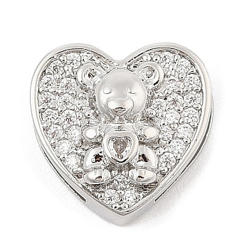 Brass Micro Pave Cubic Zirconia Slide Charms, Long-Lasting Plated, Heart, Platinum, 14.5x15x6mm, Hole: 1.5x4mm and 1.5x11mm