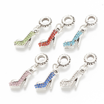 Alloy Rhinestone European Dangle Charms, Large Hole Pendants, High-Heel Shoes, Antique Silver, Mixed Color, 29mm, Hole: 4mm