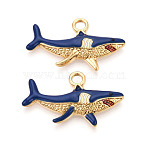 304 Stainless Steel Enamel Pendants, Shark Charms, Ion Plating(IP), Real 18K Gold Plated, Dark Blue, 32x18.5x3.5mm, Hole: 2.8mm(STAS-N124-25G)