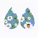 PU Leather Big Pendants, teardrop, with Flower Pattern, Dodger Blue, 55x35x2mm, Hole: 2mm(X-FIND-T058-B06)
