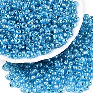 6/0 Baking Paint Transparent Glass Seed Beads, Silver Lined, Teardrop, Deep Sky Blue, 4~5x4~4.5x3~4mm, Hole: 1~1.2mm, about 4500pcs/pound(SEED-N006-06L)