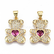 Brass Micro Pave Clear Cubic Zirconia Pendants, Nickel Free, Bear, Real 16K Gold Plated, 19.5x14.5x4mm, Hole: 3.5x5mm(X-ZIRC-S067-213-NF)