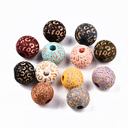 Painted Natural Wood Beads, Laser Engraved Pattern, Round with Leopard Print, Mixed Color, 10x8.5mm, Hole: 2.5mm(WOOD-T021-53A-M)