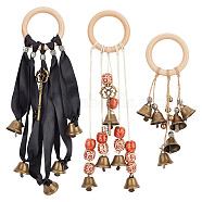 3Pcs 3 Style Alloy Witch Bells Pendant Decorations, with Wooden Ring, Mixed Color, 215~315mm, 1pc/style(HJEW-OC0001-14)
