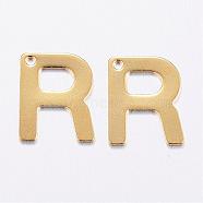 304 Stainless Steel Charms, Letter, Initial Charms, Real 18k Gold Plated, Letter.R, 11x6~12x0.8mm, Hole: 1mm(STAS-P141-R)