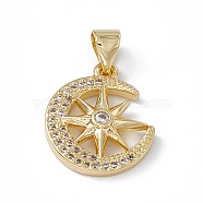 Rack Plating Brass Micro Pave Cubic Zirconia Pendants, Cadmium Free & Lead Free, Long-Lasting Plated, Moon with Star Charm, Real 18K Gold Plated, 17x13.5x3mm, Hole: 4x5.5mm(KK-G451-25G)