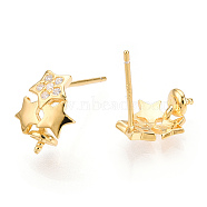 925 Sterling Silver Stud Earring Findings Micro Pave Cubic Zirconia, for Half Drilled Beads, with S925 Stamp, Star, Real 18K Gold Plated, 10.5x8.5x1mm, Pin: 0.7×11mm(STER-T007-22G)