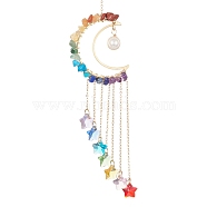 Glass Star & Natural Pearl Pendant Decoration, Hanging Suncatchers, with Moon Brass & Gemstone Chips and Cable Chains, Colorful, 230x44~45mm.(HJEW-JM01183-01)