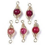 Natural Agate Link Connectors, with Golden Plated Brass Findings, Dyed, Round, Deep Pink, 27~36x11~12x10mm, Hole: 2.5~4mm(G-S359-321B)