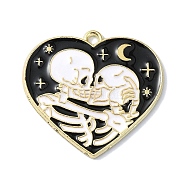 Halloween Alloy Enamel Pendants, Golden, Heart with Skeleton Couple Charm, Black, 27x28x1.5mm, Hole: 2mm(FIND-Q102-14)