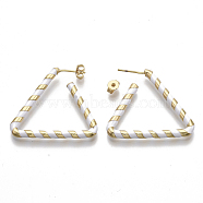 Brass Stud Earrings, with Enamel and Earring Backs, Triangle, Real 18K Gold Plated, White, 35x31x3mm, Pin: 0.7mm(EJEW-S209-16F)