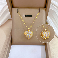 Brass with Rhinestone Heart Locket Necklaces with Plastic Pearl Inside, with 201 Stainless Steel Dapped Chains, Golden, 18.35 inch(46.6cm)(NJEW-Z026-02G)