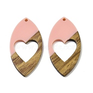 Resin and Walnut Pendants, Horse Eyes with Heart, for Valentine's Day Gift, Pink, 47x24.5x3.5mm, Hole: 2mm(WOOD-I013-02C)